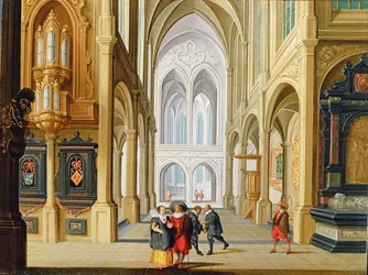 Elegante Figuren in einer gotischen Kirche